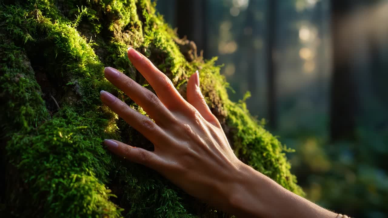 Exploring Nature's Beauty: A Close-Up View of a Hand Gently Touching a Moss-Covered Tree in a Serene Forest Filled with Morning Light and Lush Greenery