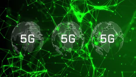 animación de globos giratorios, conexiones y 5g sobre fondo verde