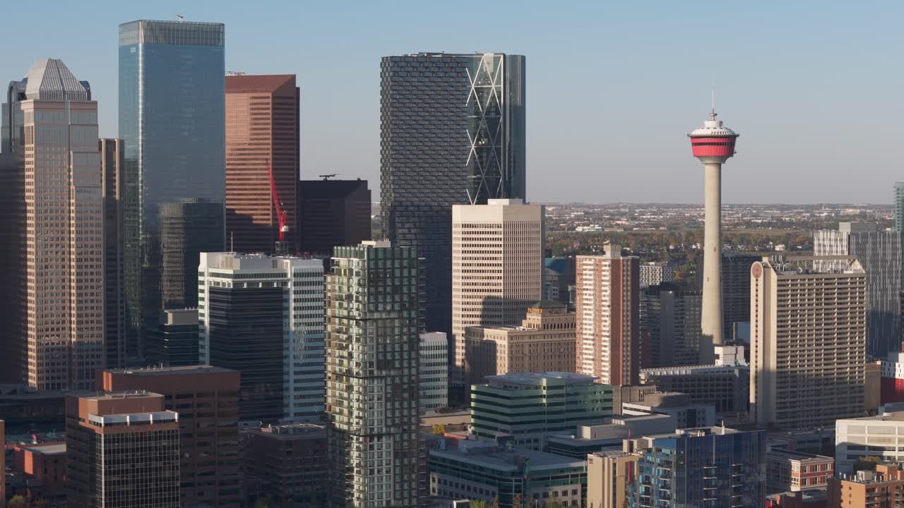 Calgary's large downtown buildings along with the Calgary tower dwarf smaller apartment buildings as seen from an aerial drone point of view