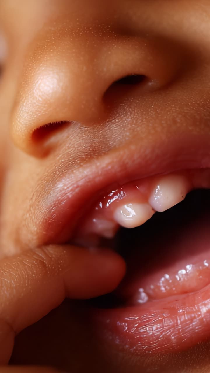 Close-Up of a Child's Mouth Highlighting Early Dental Development with Light Reflections on Gums and Teeth Illustrating Growth Stages and Oral Health Awareness