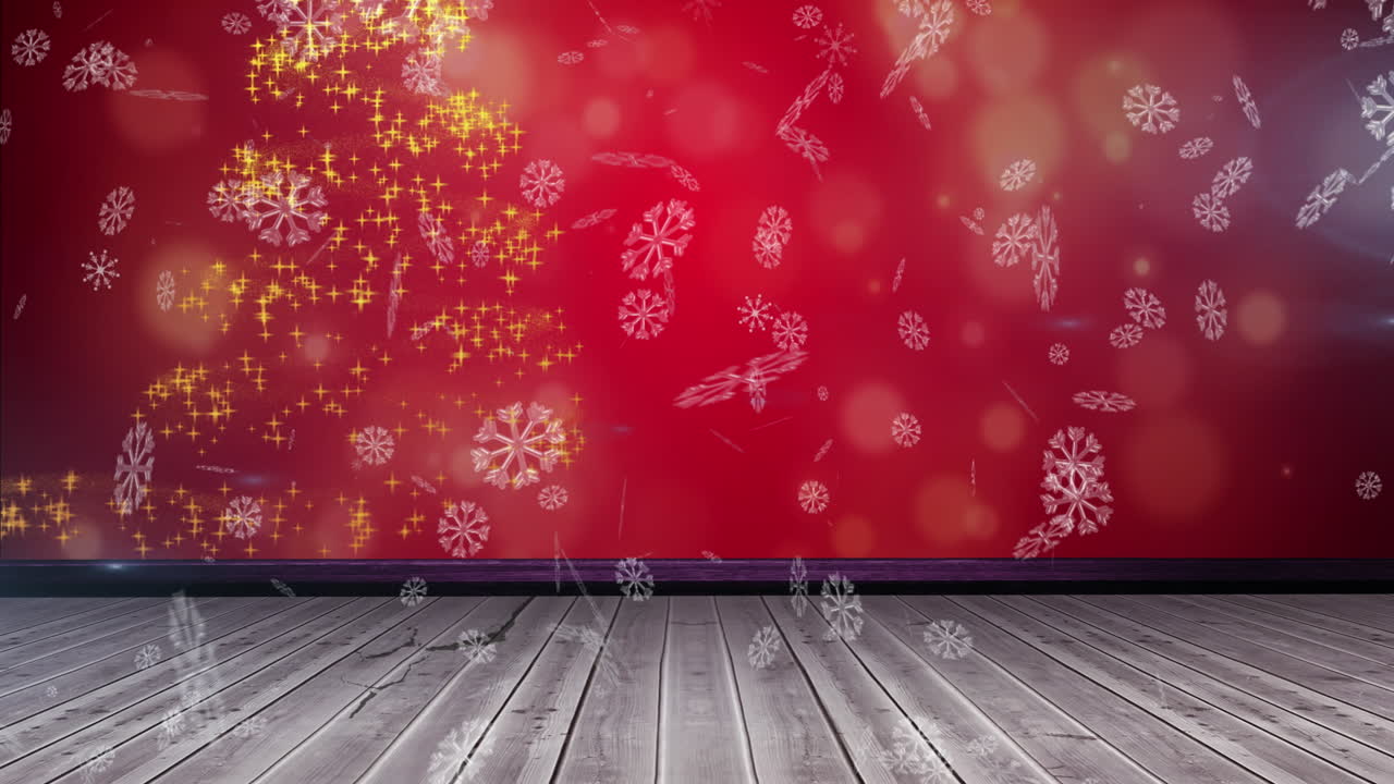 Animation of snow falling over glowing spots forming christmas tree on ...