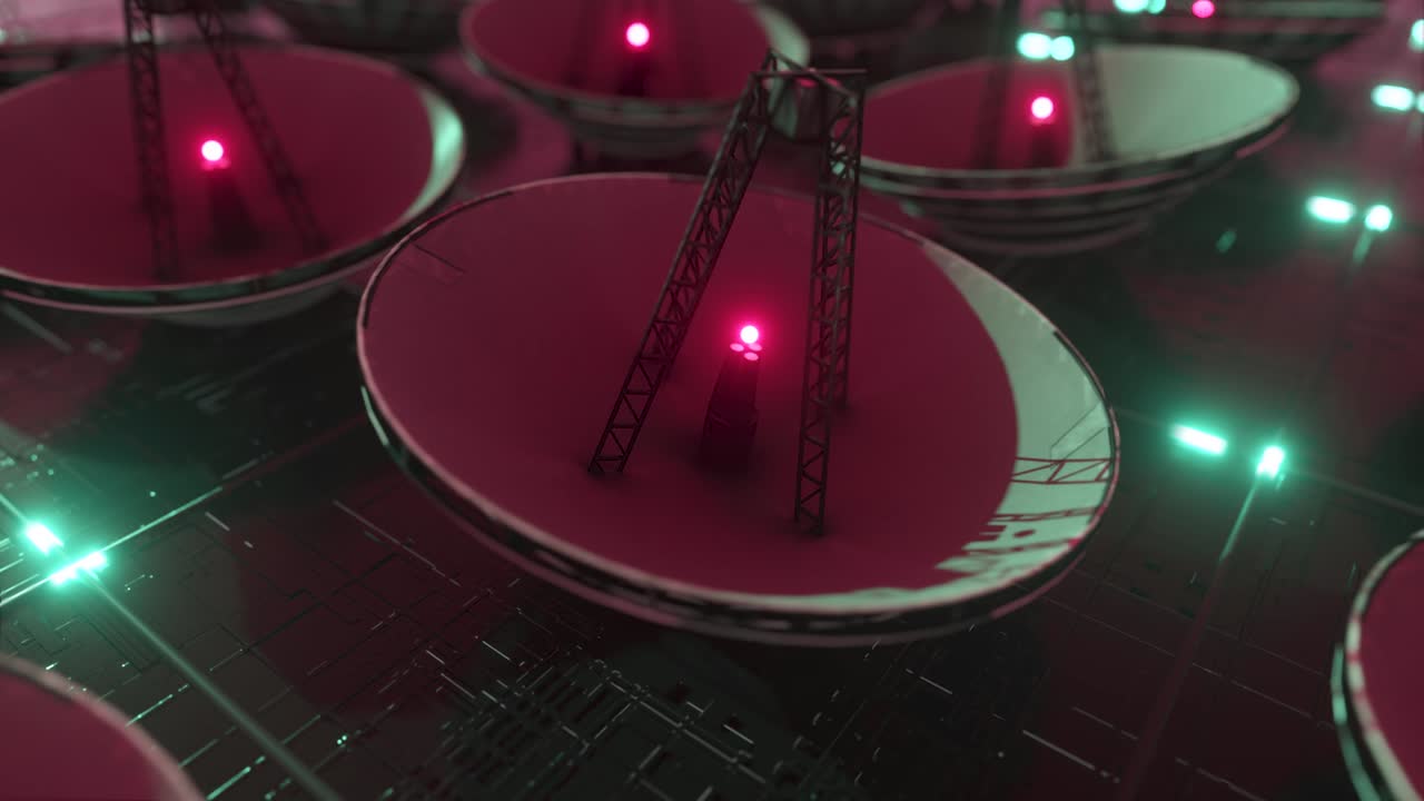 미세 회로와 위성 접시로 인 큰 기술 표면, 정보 전송 개념, 원활한 루프, 3d 렌더링