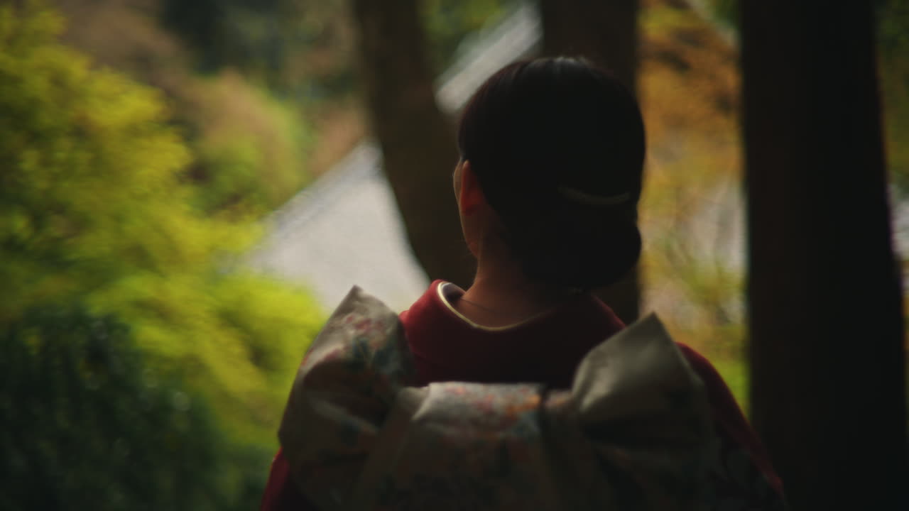 Woman in Kimono in Japanese Garden