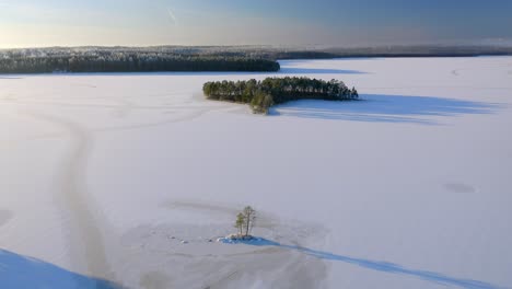 forward moving aerial view over frozen lake and small tree island