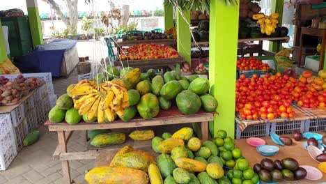 Bunch-of-bananas,-avocado,-papaya,-mango-and-other-delicious-tropical-fruits-at-fruit-and-vegetable-market-stall-in-Dili,-Timor-Leste,-South-East-Asia