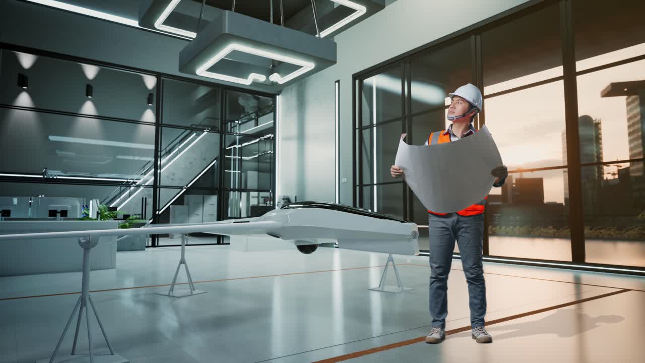 ingeniero revisando planes de drones en una oficina moderna