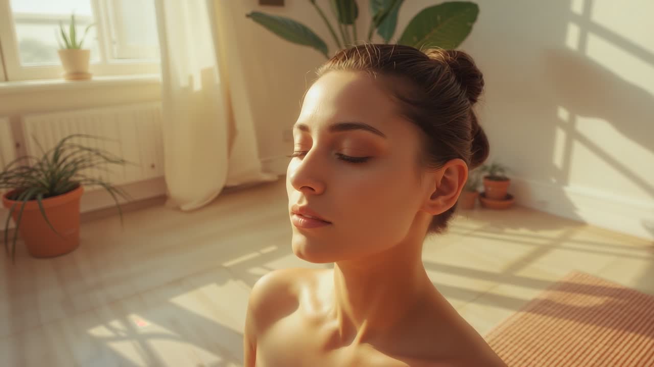 Barrido de cámara hacia la izquierda a la luz del sol que revela a una mujer meditando en una esterilla en casa y plantas, espacio para texto