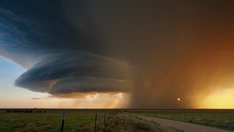 dramatic supercell thunderstorm at sunset over a rural landscape
