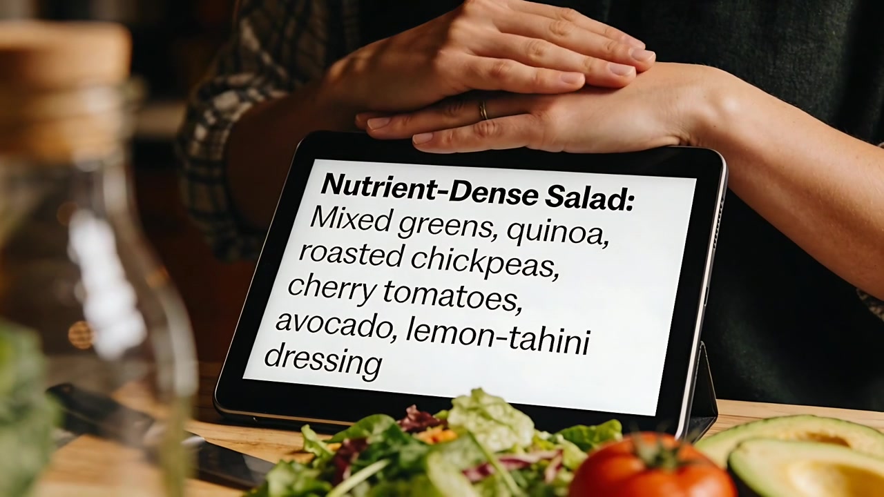 濃い色のエプロンを着用した料理研究家が、タブレットで栄養豊富なサラダのレシピを読みながらサラダボウルを盛り付けている。
