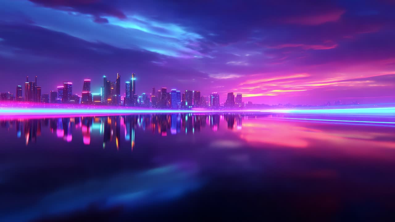 A breathtaking twilight cityscape illuminated by vibrant neon lights reflecting on calm waters, showcasing the stunning skyline under a mesmerizing colorful sky at dusk, creating a captivating urban atmosphere