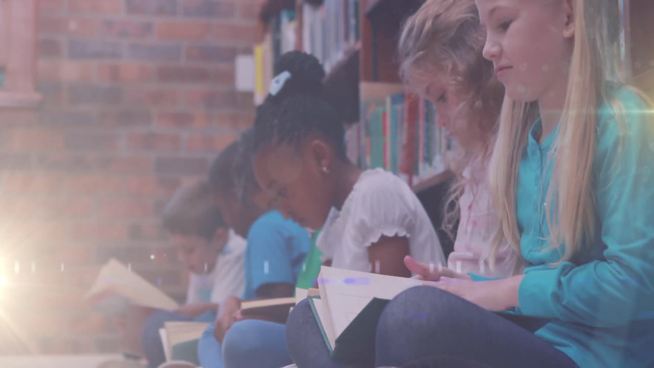 Animation of light trail over diverse schoolchildren reading books in library
