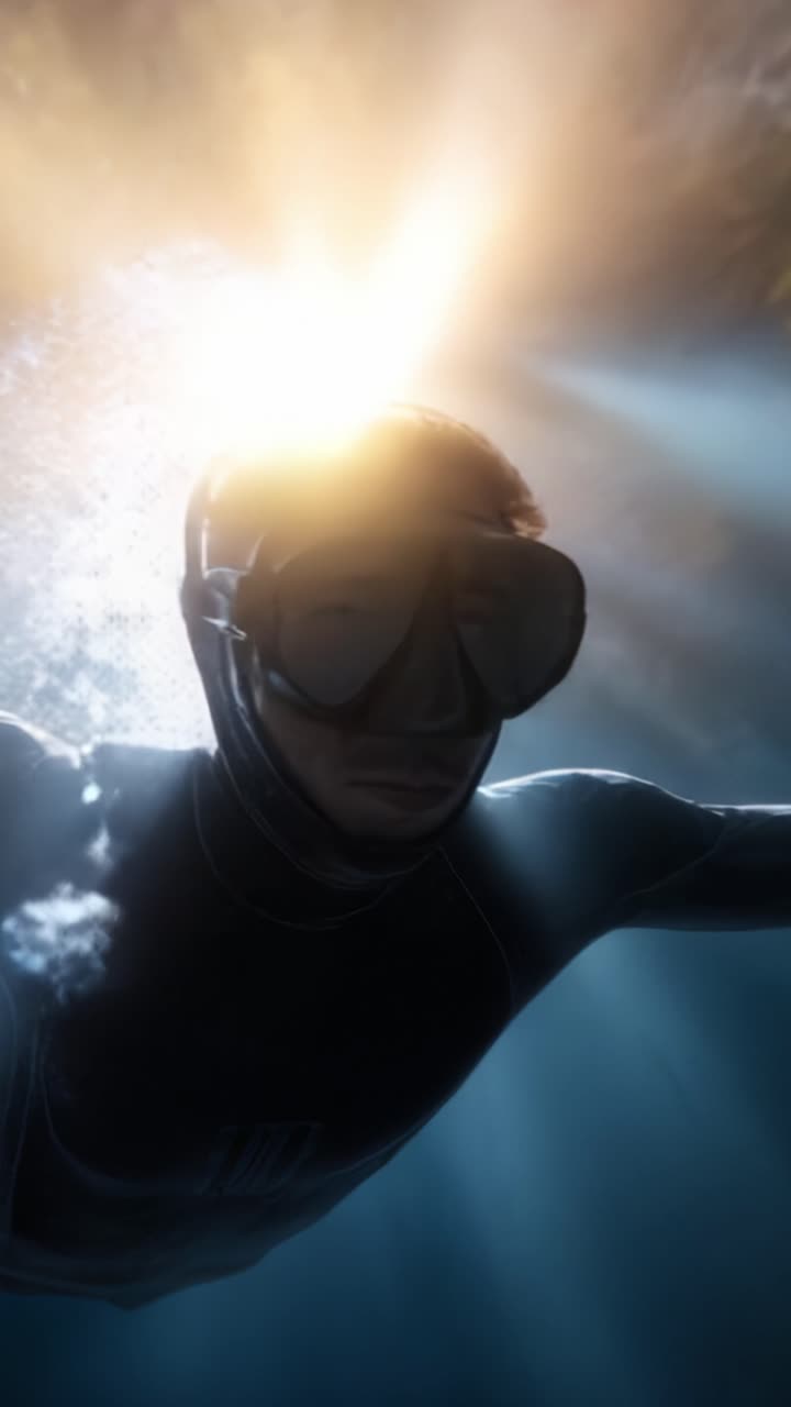 Un individuo explora las profundidades del océano, mostrando la belleza de la vida submarina mientras los rayos del sol atraviesan la superficie del agua e iluminan la escena.