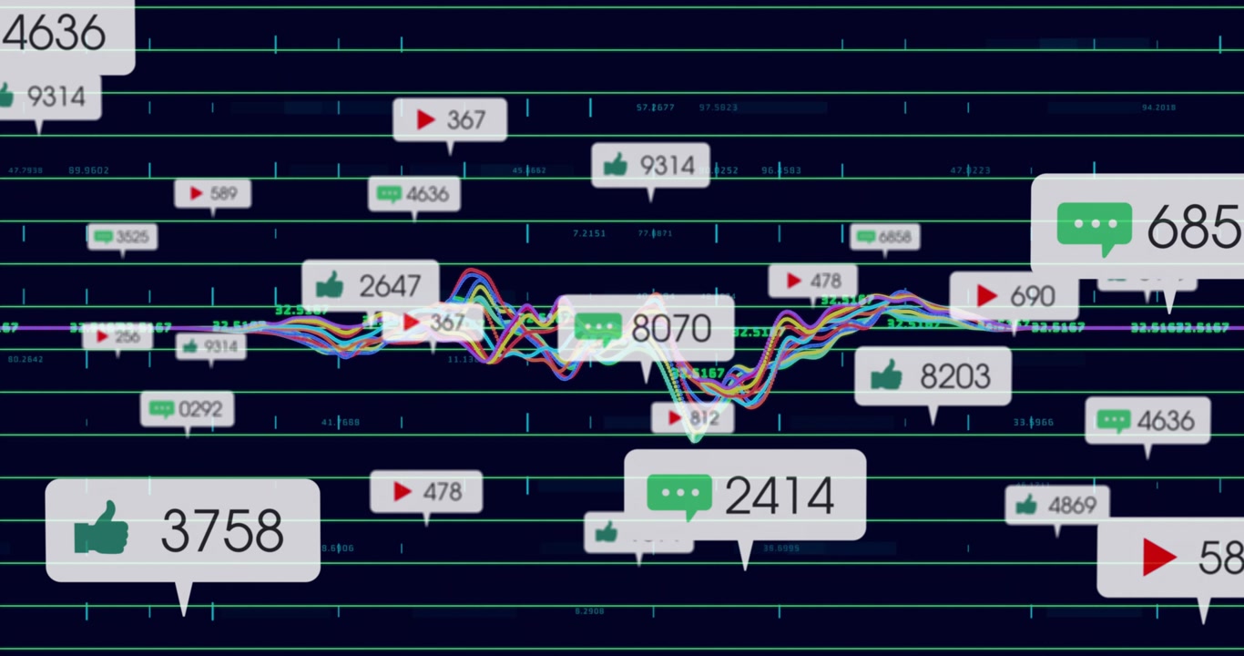 Waveform lines rising from data spikes and spawning metric bubbles visualizing social engagement