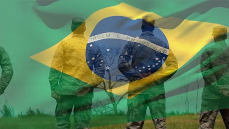Animation-of-flag-of-brazil-over-diverse-male-soldiers-standing-at-attention