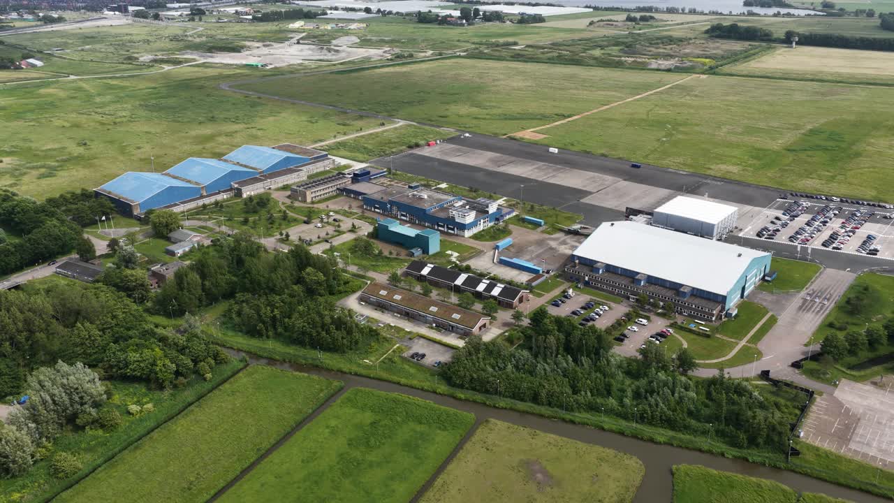 Theater Hangaar former airport, Valkenburg, The Netherlands, theather event location. Aerial drone video.