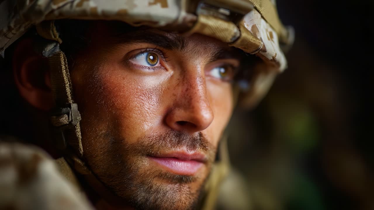 Intense Close-Up of a Soldier's Face Capturing Determination and Focus in the Battlefield Environment with Emphasis on Expressions and Emotions