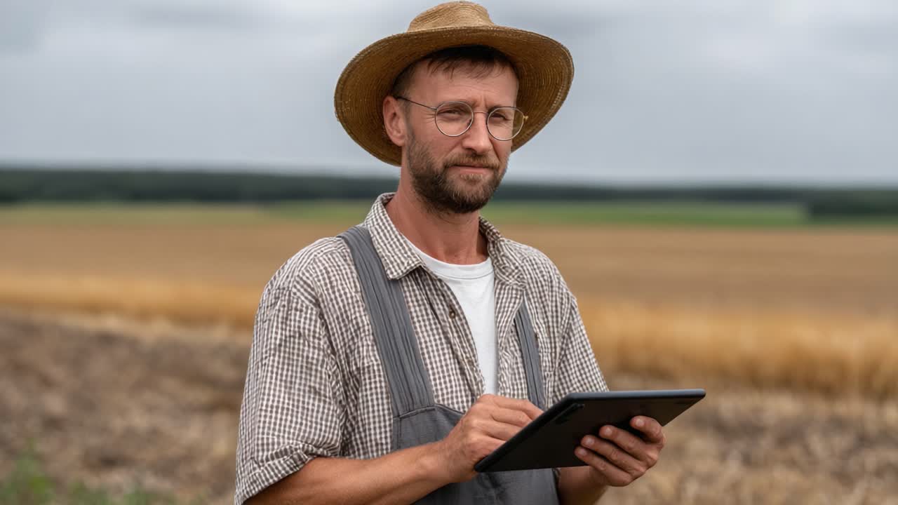A Modern Farmer Using Technology in Agriculture, Standing in a Vast Field with Golden Crops While Engaging with a Digital Device for Farming Insights and Management