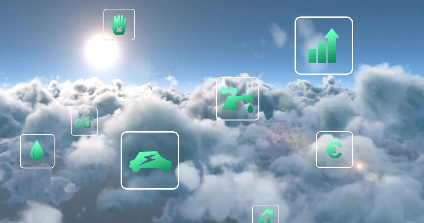 Börjar med flygvy, kamera som glider förbi gröna hållbarhetsikoner som visualiserar data