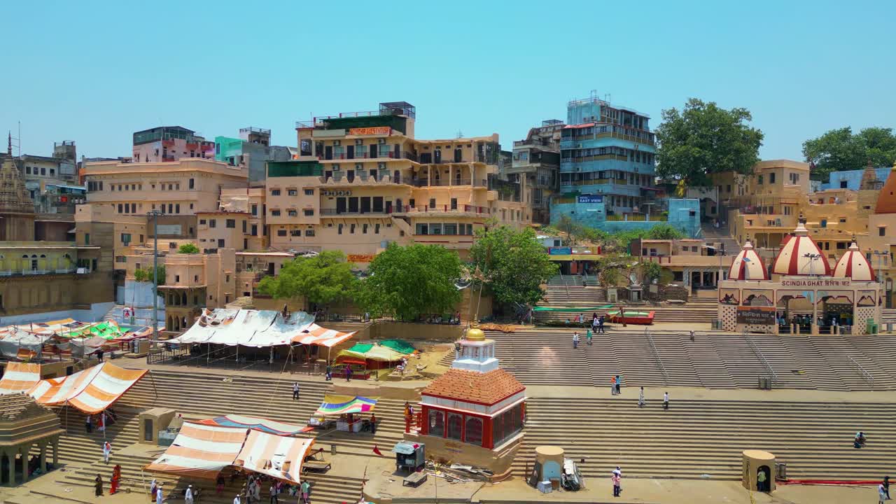 AERIAL view of Ganga river and Ghats in Varanasi India