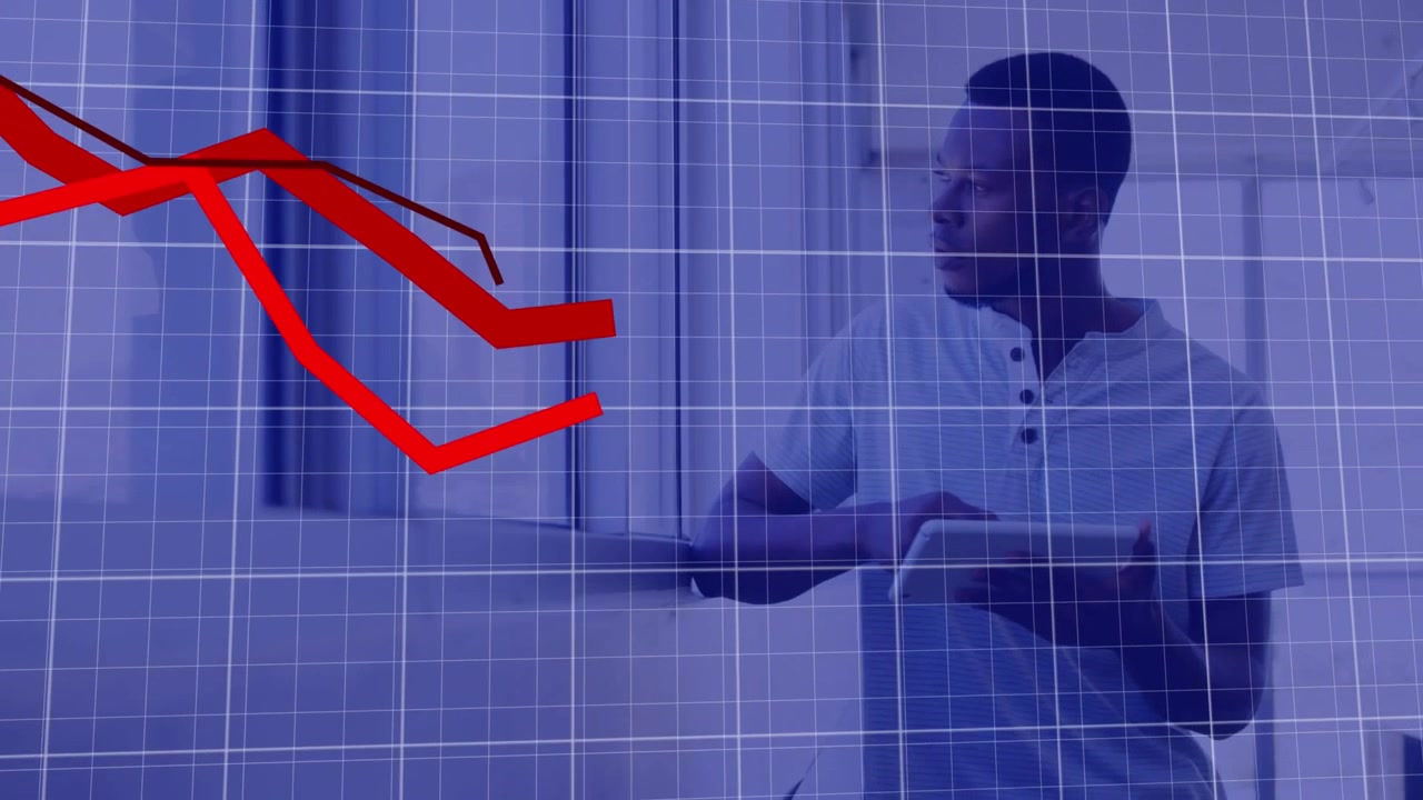 Animation of statistical data processing over african american man using digital tablet at office