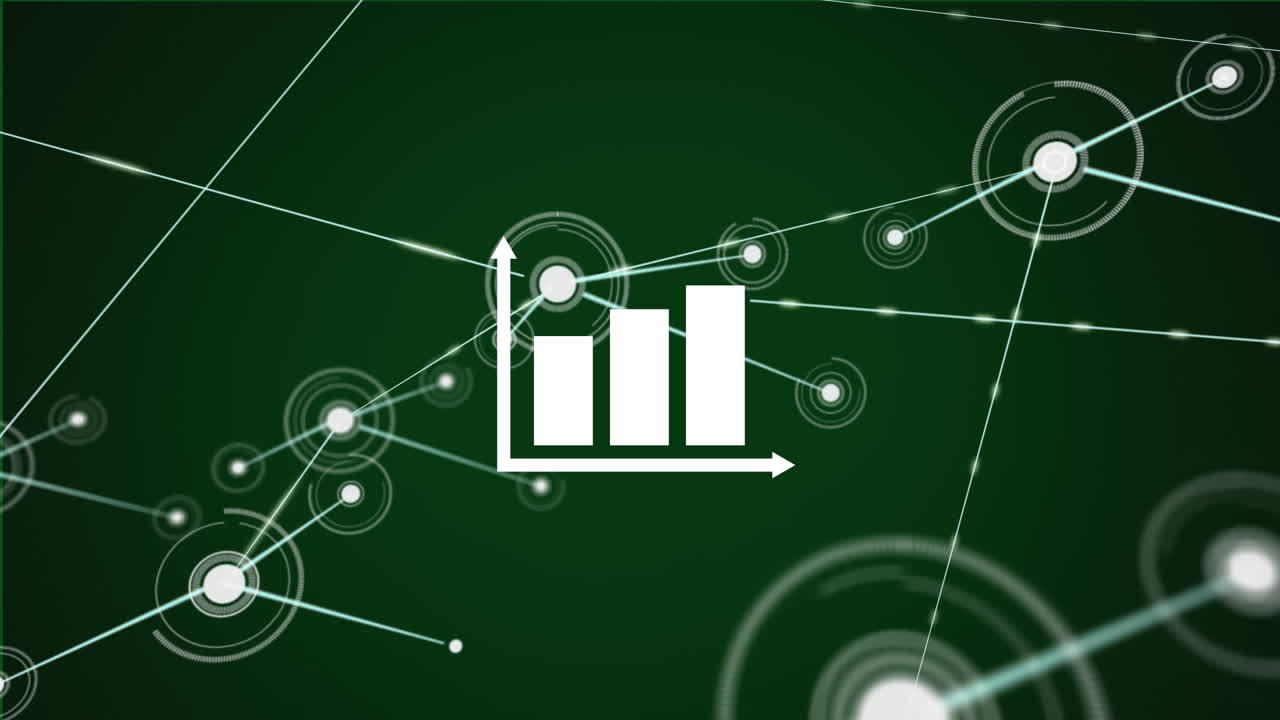 animación de la red de conexiones sobre el icono del gráfico de barras contra un fondo verde.