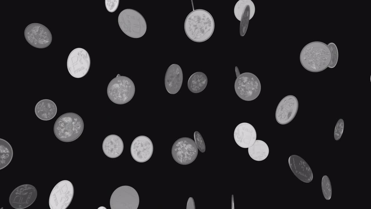 monedas de plata y símbolos de la moneda del rublo ruso cayendo girar y encender alfa animación de bucle de fondo 4k alfa