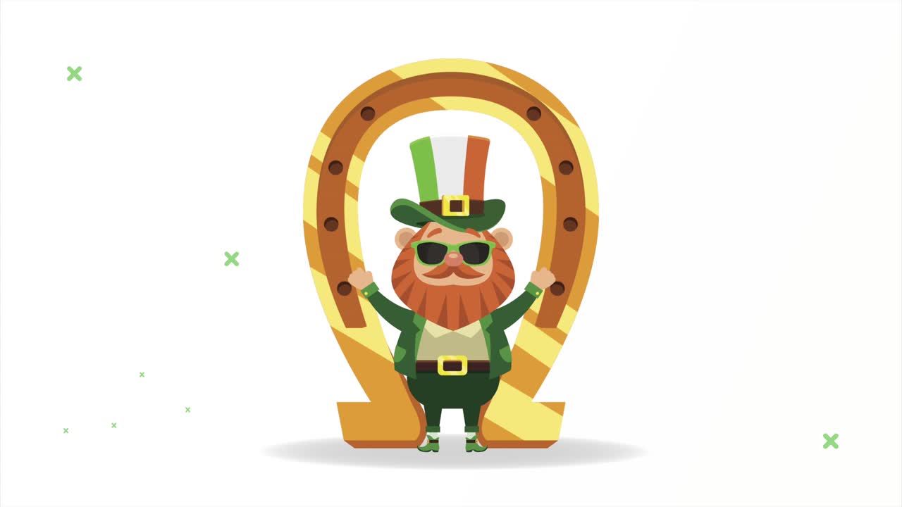 feliz tarjeta postal del día de san patricio con leprechaun y herradura dorada