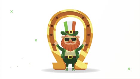 happy saint patricks day postcard with leprechaun and golden horseshoe