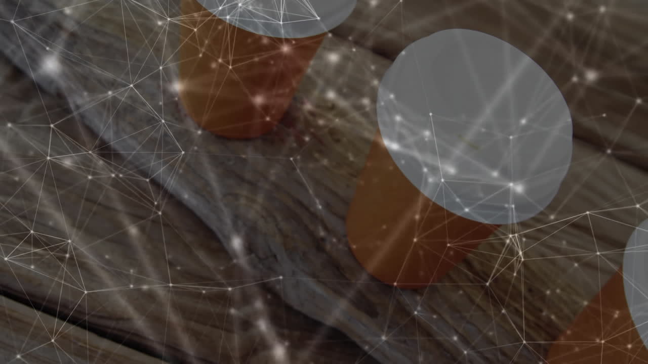 Brown cylinders floating on worn wood plank, connecting through 3D render glowing network overlay