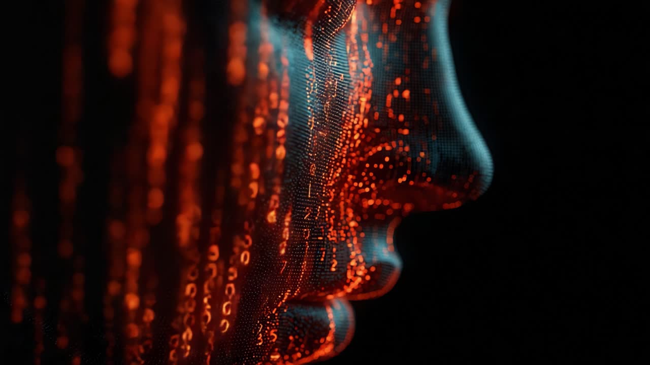 A mesmerizing depiction of a digital face crafted from intricate patterns of glowing binary code, symbolizing the convergence of technology and humanity in the digital age, illuminating the future of AI and identity