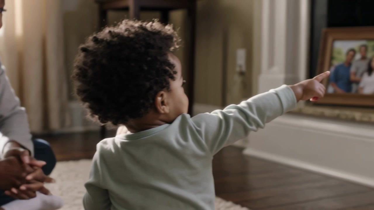 Giving woman leaning, toddler in mint taking teddy, pointing toward mantel frame at home