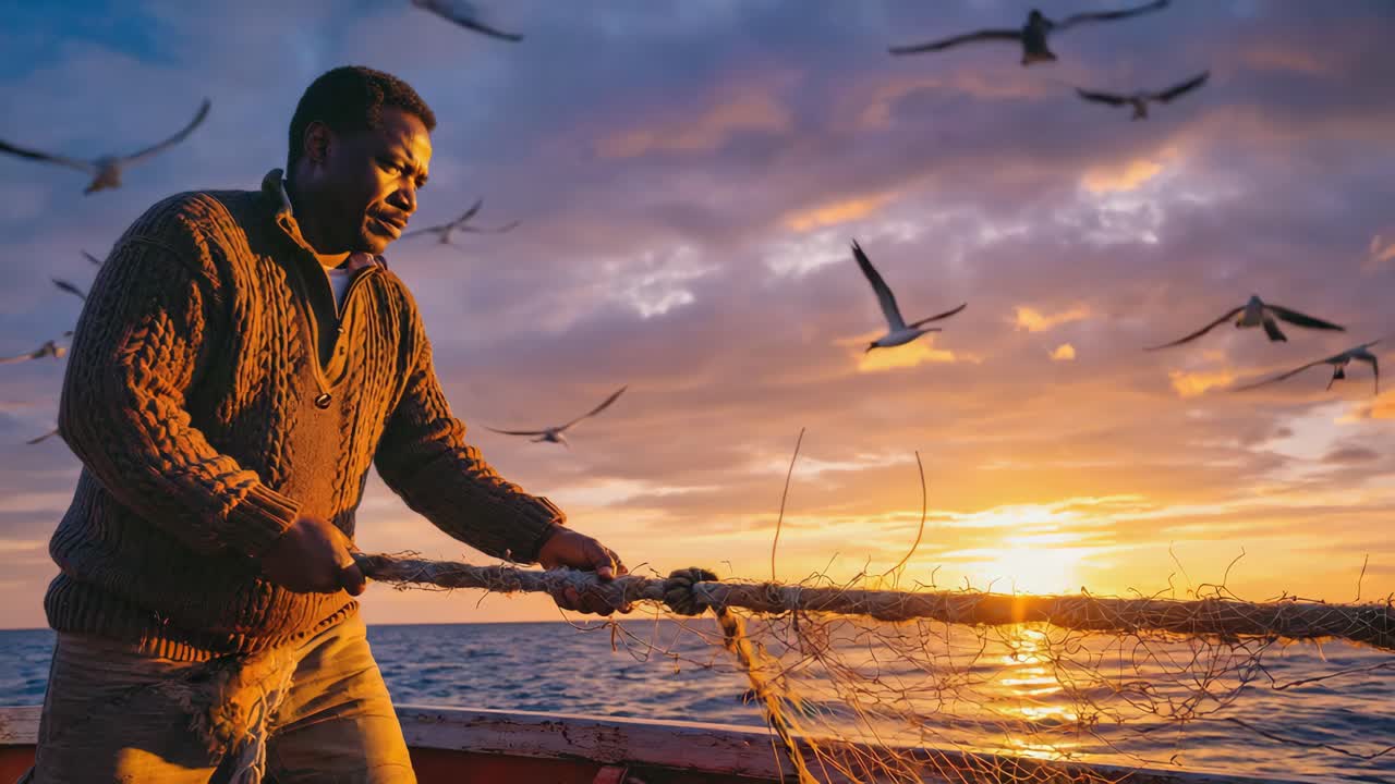 Fisherman pulling net at sunset