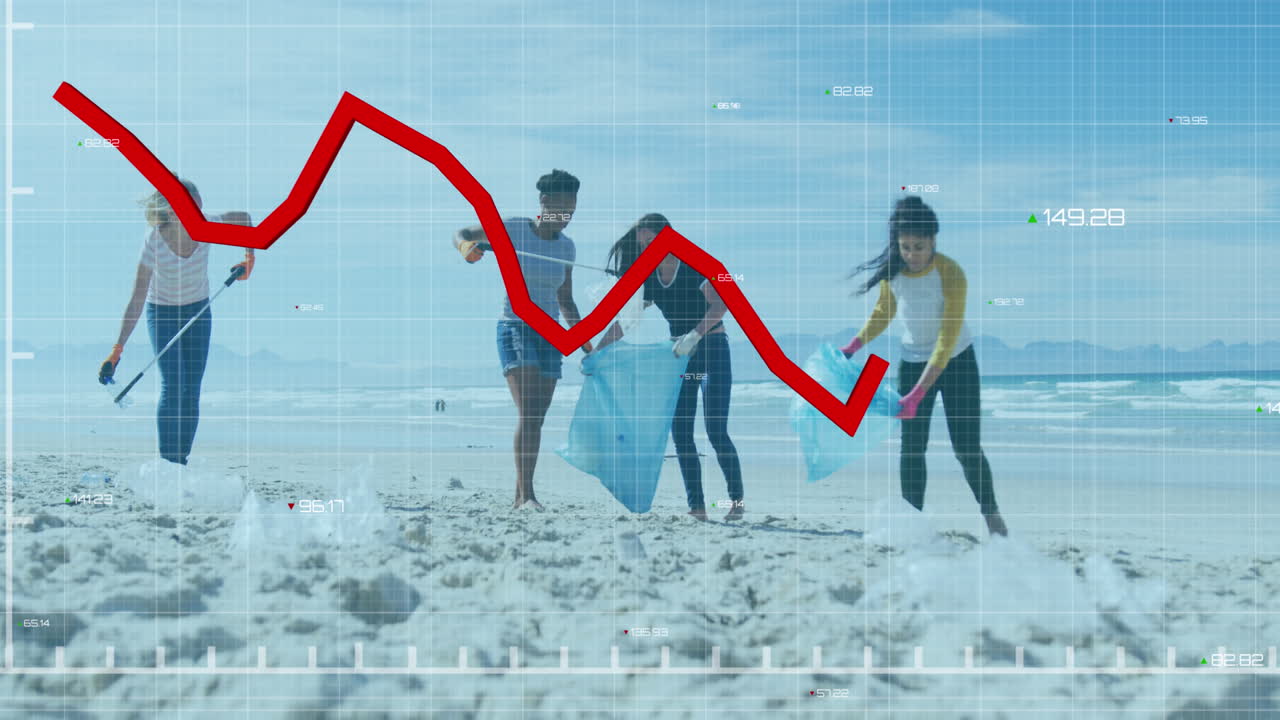 animación del procesamiento de datos sobre diversos voluntarios limpiando la playa.