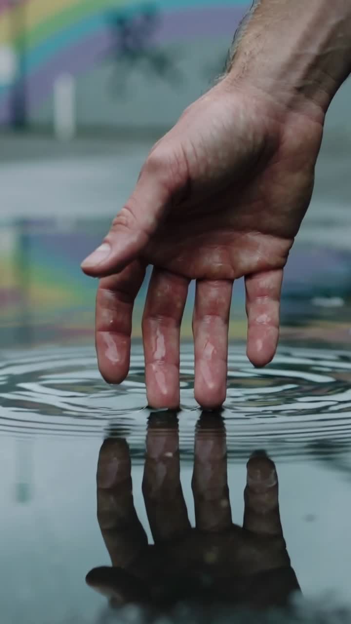 Mano che crea increspature in una pozzanghera con un riflesso colorato