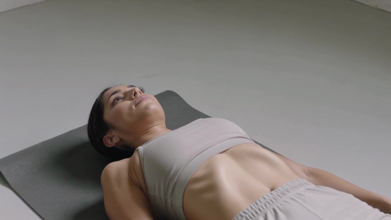 Donna sdraiata che si sistema supina, respirando per rilassarsi sul tappetino da yoga a casa, indossando abbigliamento sportivo leggero.
