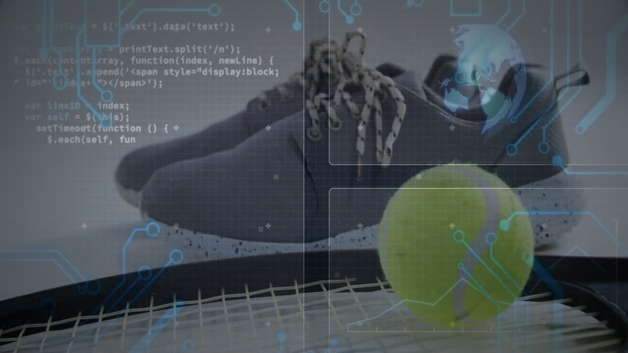 Grey sneaker being suspended above tennis racket strings while circuit overlays animating 3D scene