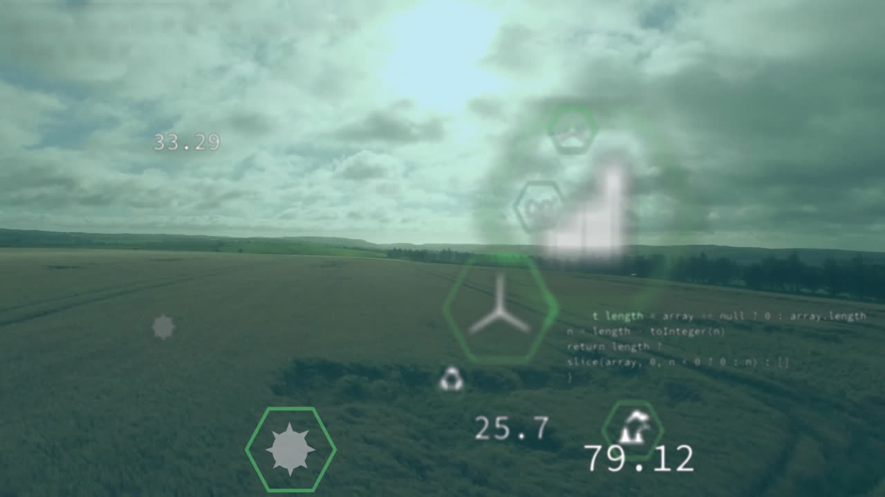 녹색 풍경의 공중 시야에서 디지털 데이터 및 코딩 애니메이션