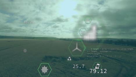 datos digitales y animación codificada sobre una vista aérea de un paisaje verde