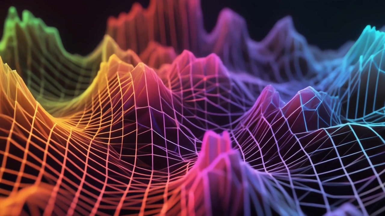 Abstract Digital Landscape with Glowing Colorful Wireframe Mesh