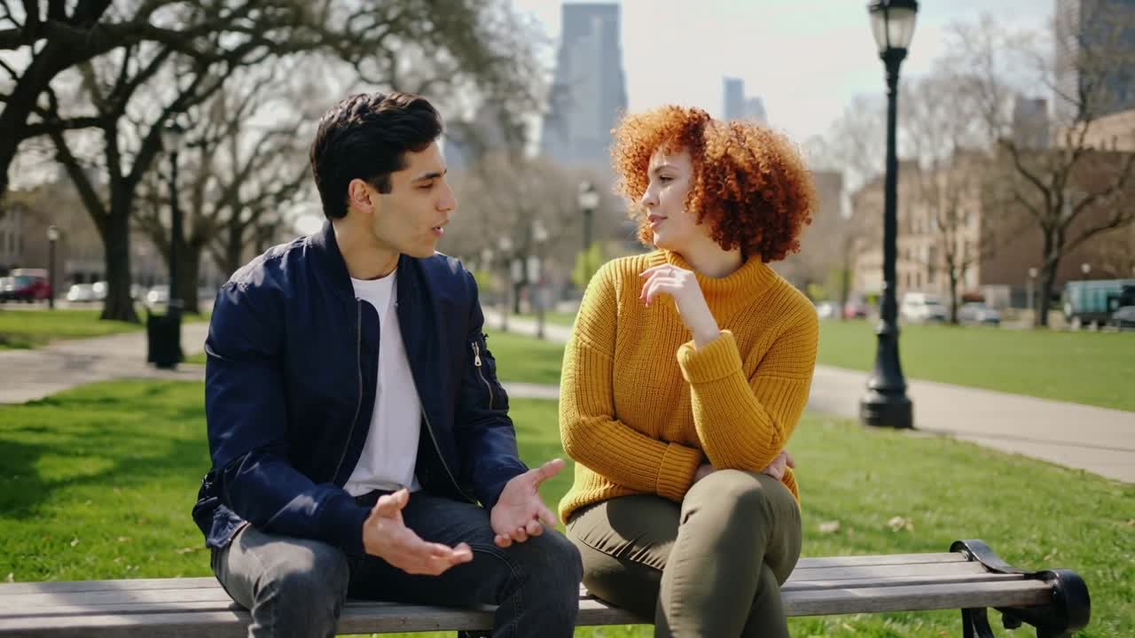 Starting navy jacket man gesturing on park bench, trying to connect, woman in mustard top smiling