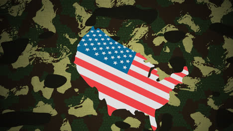 animation of map with flag of united states of america on camo background