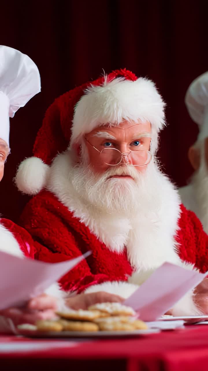 A Traditional and Cheerful Moment with Santa Claus as He Reviews a List, Surrounded by Helpers in Chef Hats, Exuding the Holiday Spirit with Warmth and Anticipation
