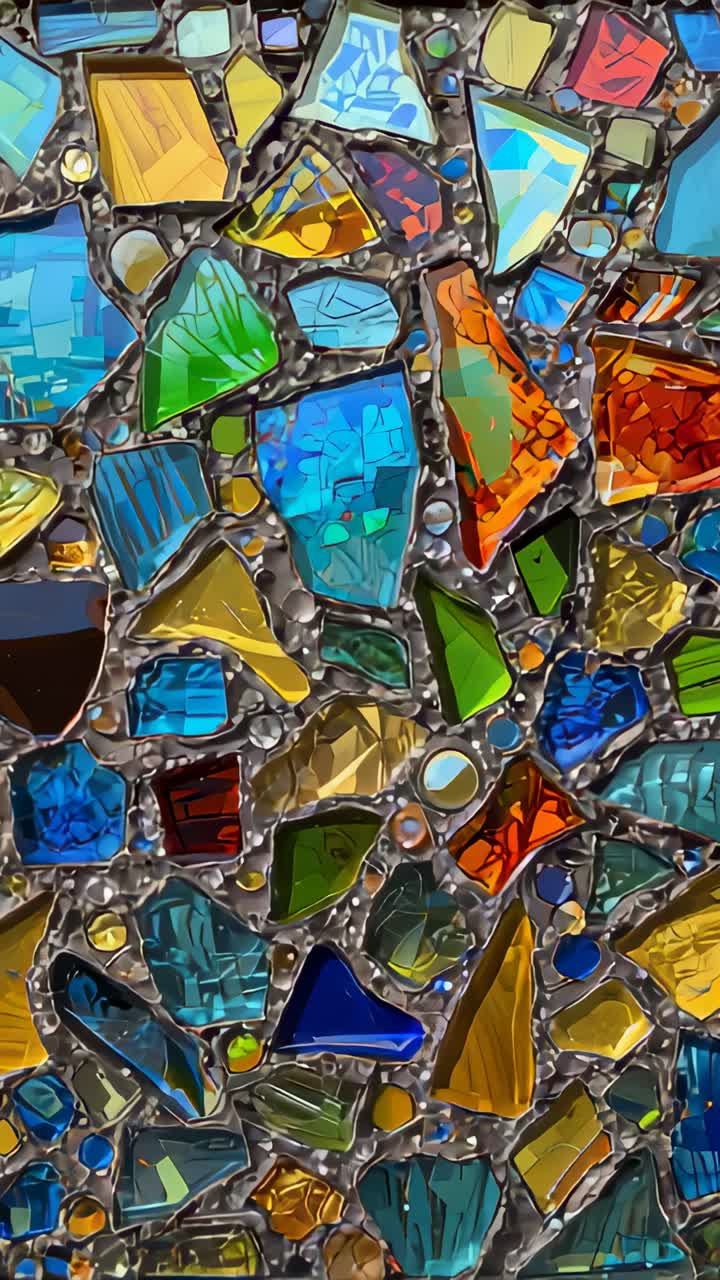 Vertical video: Panning camera revealing stained glass mosaic with solder lines and beads at window
