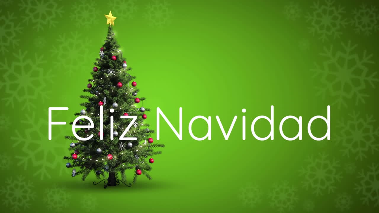 animación de feliz navidad texto sobre árbol de navidad y copos de nieve sobre fondo verde