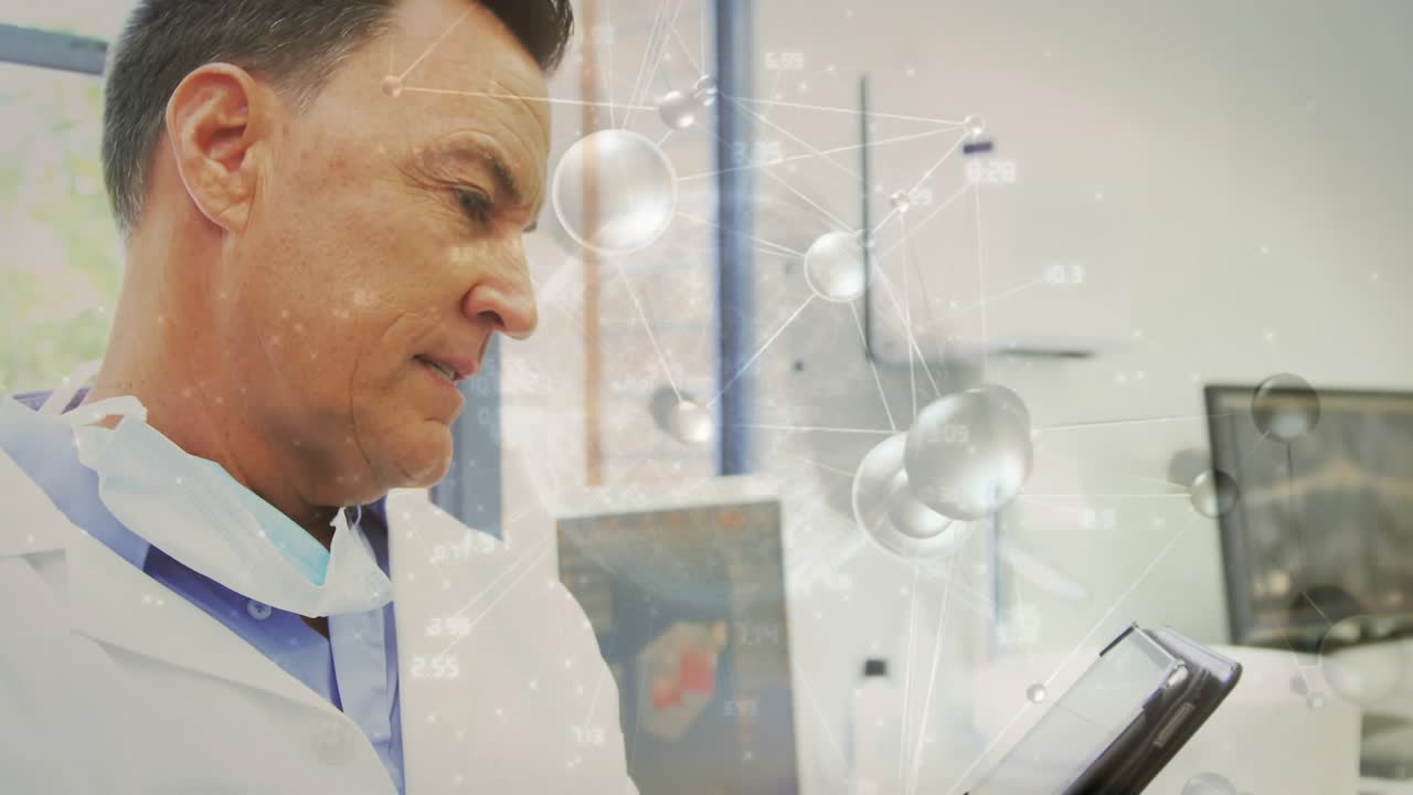 Male doctor reading tablet, checking results as molecules drifting and smile deepening, looking up