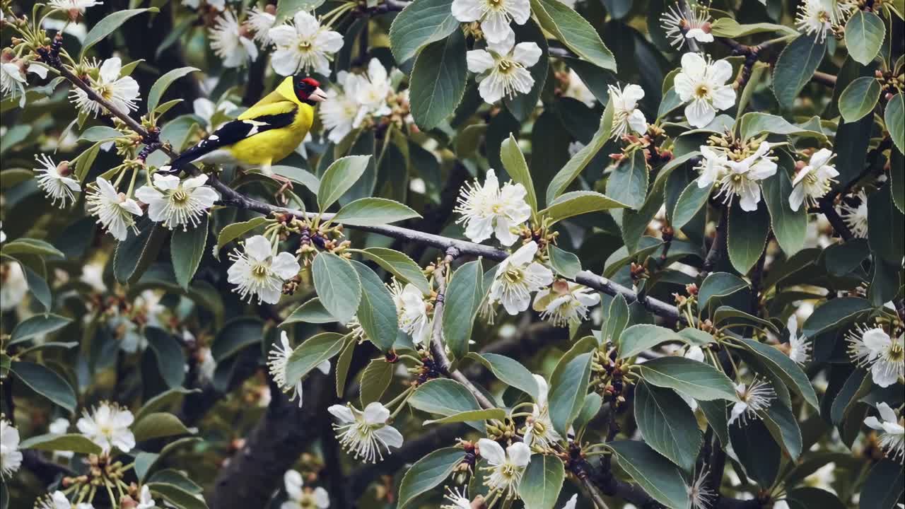 Un uccello vivace posato su un ramo fiorito, ripreso in un'angolazione ravvicinata.
