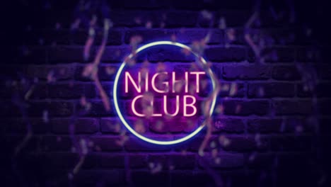 neon signboard of a night club behind a wet glass with drops