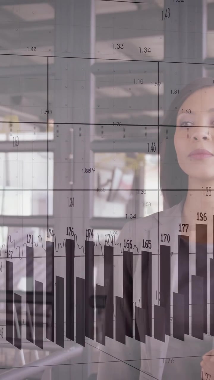 Video verticale: Donna d'affari che sposta il tablet, facendo animare griglie di dati e grafici per i KPI.