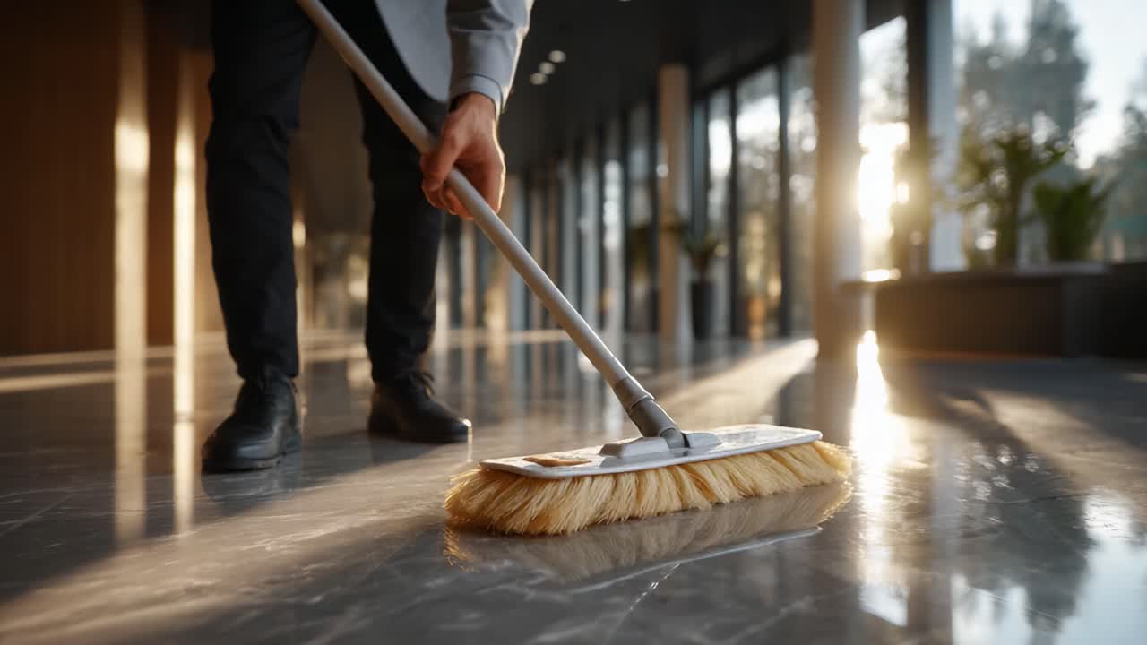 A Person Engaged in Cleaning a Polished Floor with a Mop in a Modern, Well-Lit Space During Daylight, Highlighting the Importance of Cleanliness and Maintenance