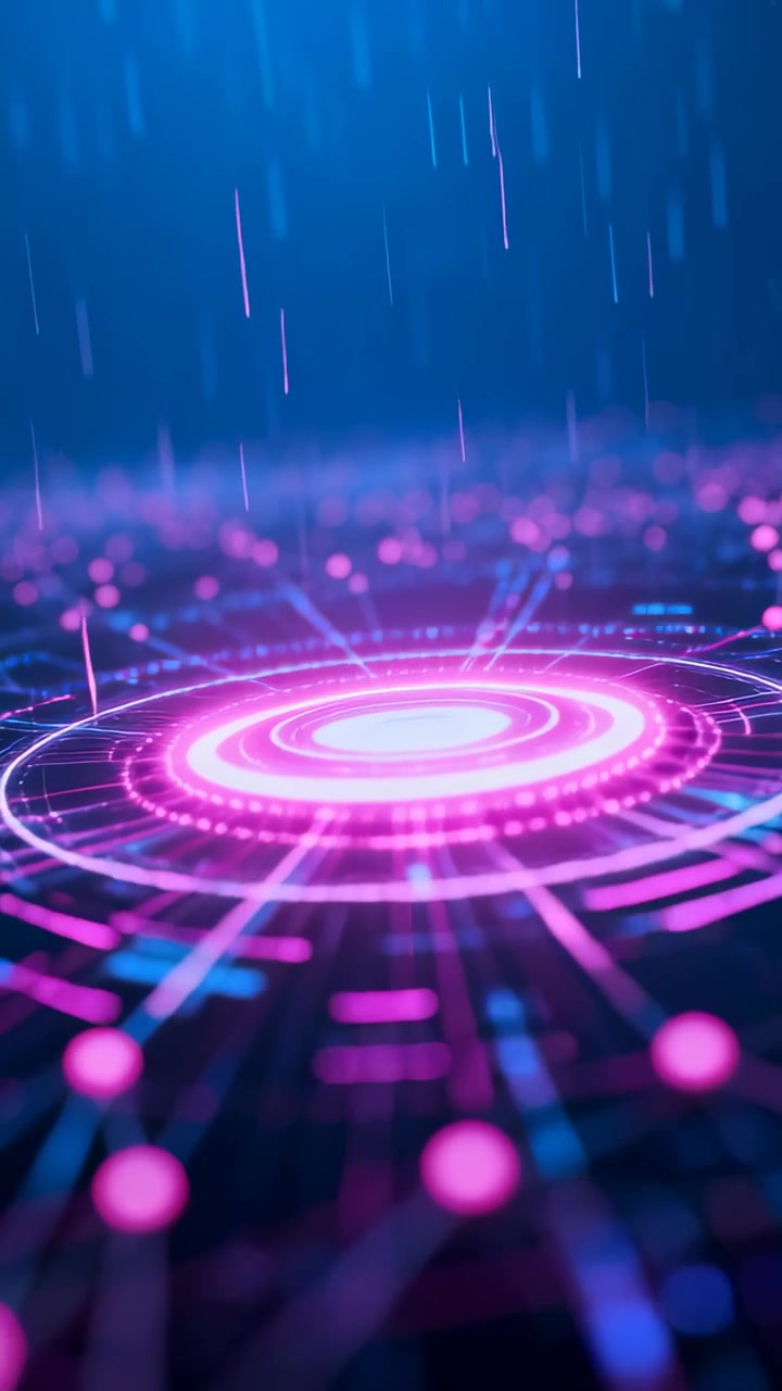 Telecamera che si avvicina a un bersaglio al neon, con anelli concentrici che pulsano e nodi che lampeggiano, mostrando l'attivazione tecnologica